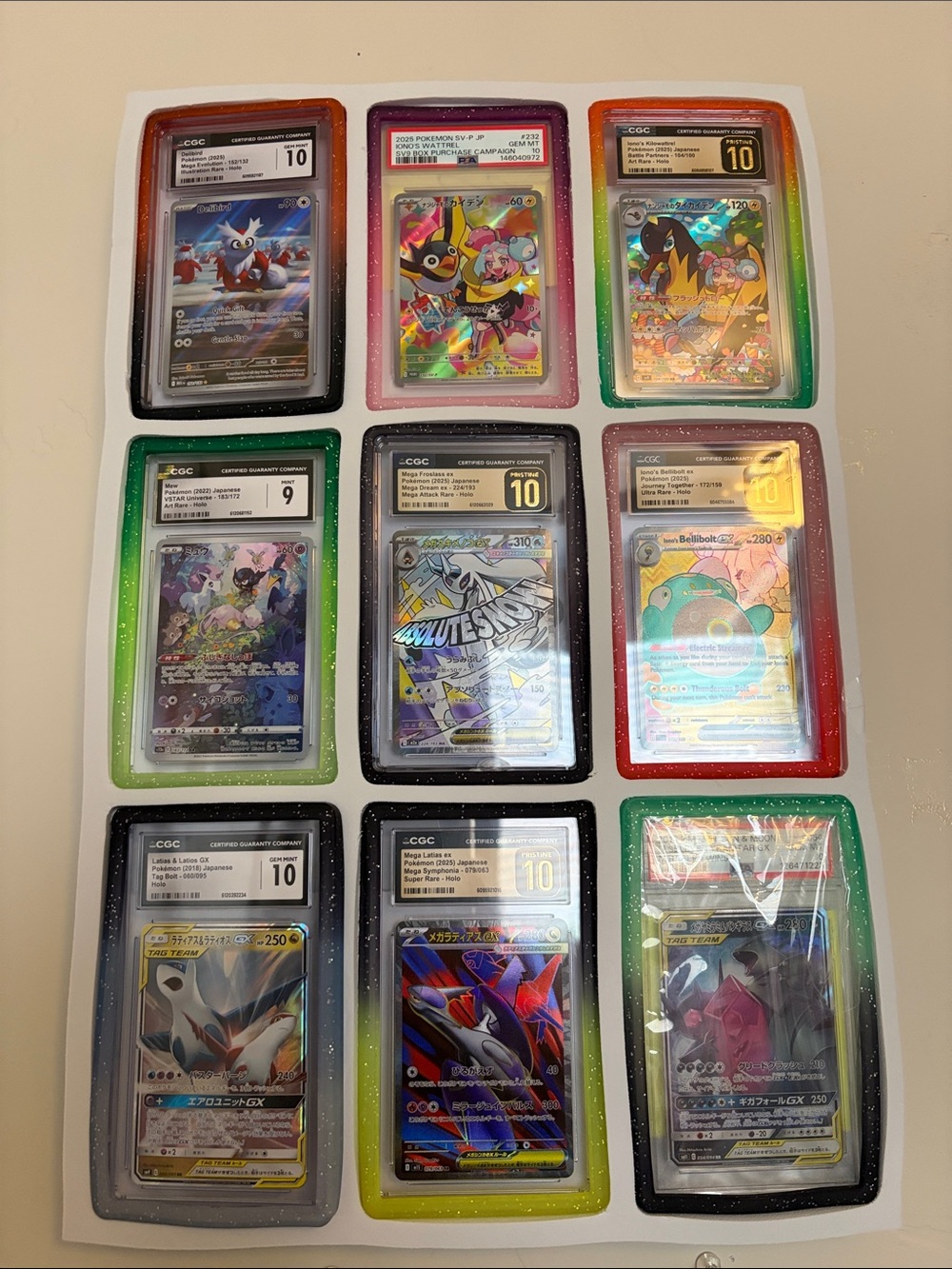 9 Pokémon PSA Graded 10 Holo SLAB Multicolor Protectors WHITE WALL MOUNT